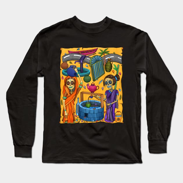 Cute Indian Lady Skeletons - Día De Los Muertos - Goa - Village Life Long Sleeve T-Shirt by Scriptnbones